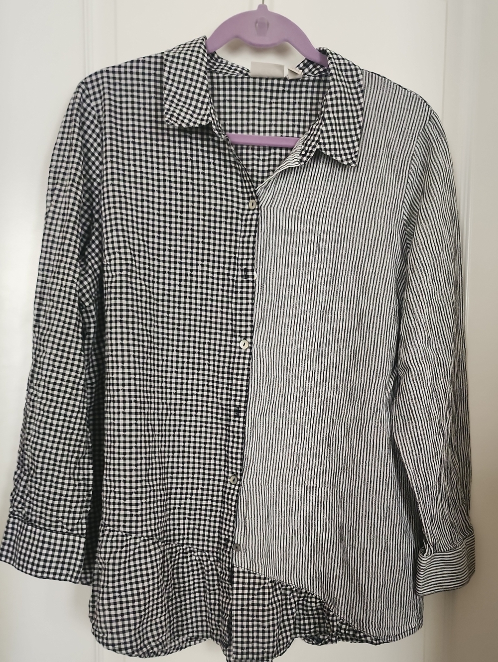 LOGO by Lori Goldstein Black & White Mixed-Pattern Button Front Blouse Size L